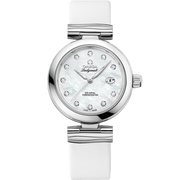 Quadrante bianco con finitura opalina e indici diamantati, lancette alpha lucide in acciaio dell’Omega De Ville Ladymatic 34 mm