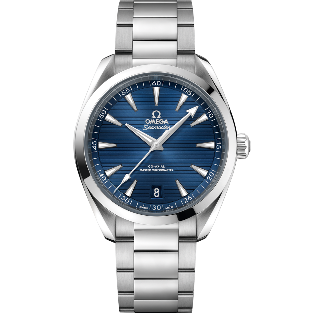 Quadrante bianco con finitura opalina e indici diamantati, lancette alpha lucide in acciaio dell’Omega De Ville Ladymatic 34 mm