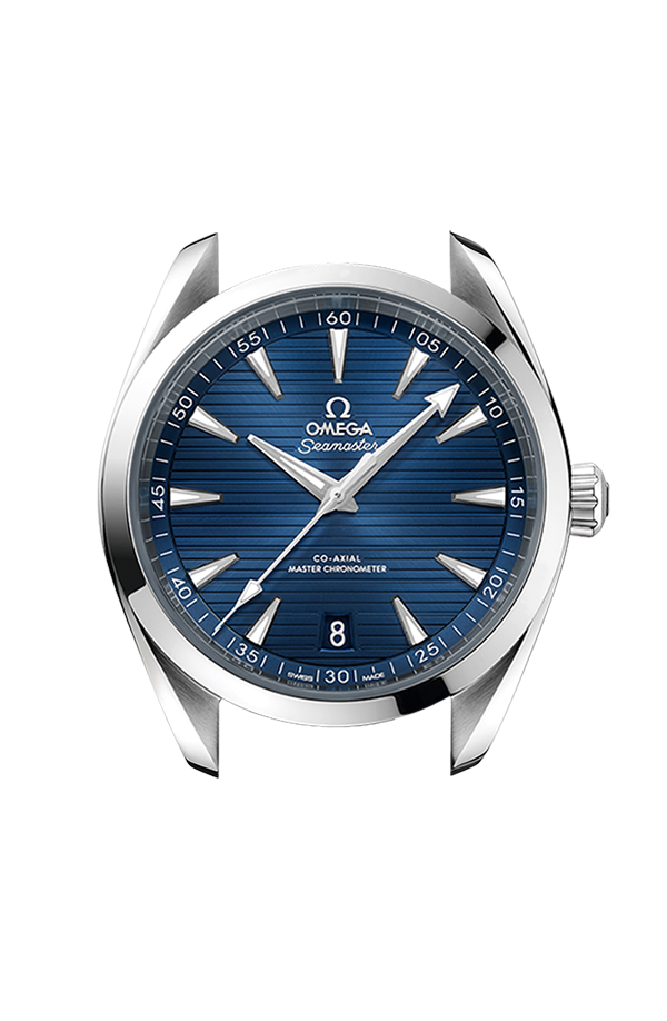Cassa rotonda in acciaio inox da 34 mm con vetro zaffiro bombato e lunetta liscia lucida dell’Omega De Ville Ladymatic