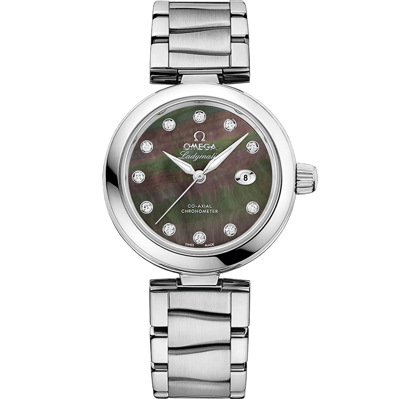 Quadrante madreperla bianca con indici diamantati e lancette in oro rosa dell’Omega De Ville Ladymatic Co-Axial 34 mm