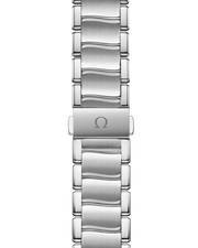 Cassa in acciaio inox da 34 mm con finitura lucida e lunetta lucida in oro rosa 18K dell’Omega De Ville Ladymatic