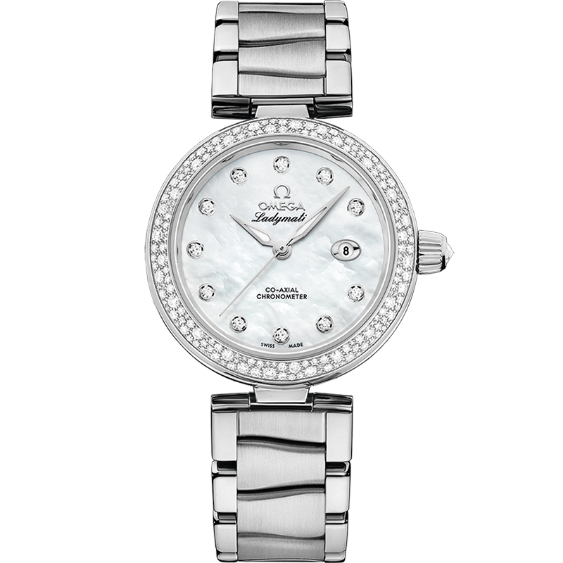 Quadrante argentato con motivo a onde in rilievo e lancette in acciaio lucido dell’Omega De Ville Ladymatic Co-Axial Chronometer 34 mm