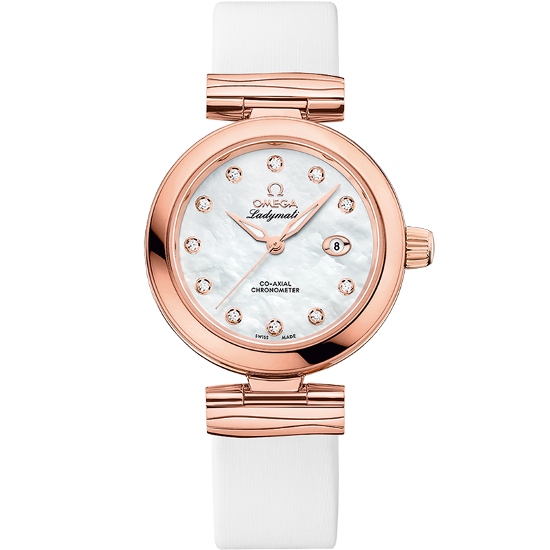 Quadrante argentato a onde con indici in oro rosa 18K e lancette smussate dell’Omega De Ville Ladymatic Co-Axial Chronometer 34 mm