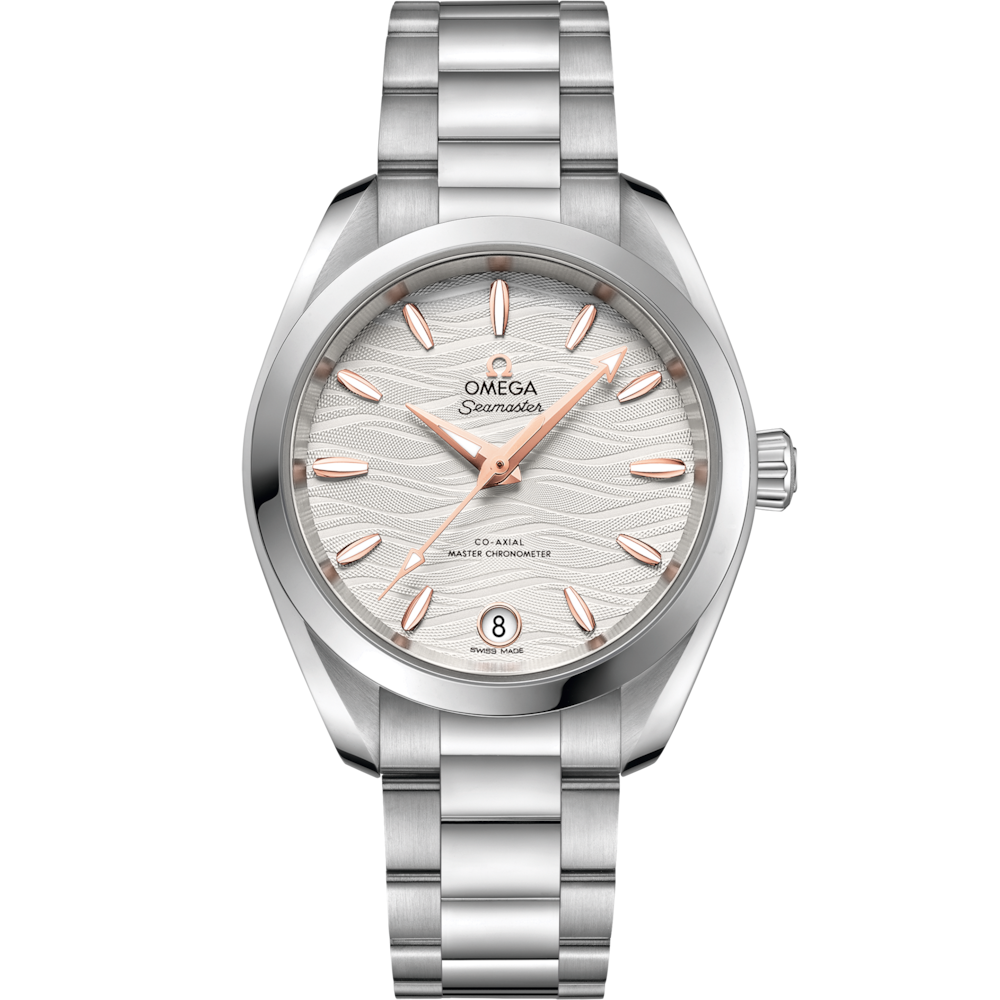Quadrante argentato opalino con motivo ondulato, lancette e indici in oro Sedna™ 18K a forma di scafo di barca a vela dell’Omega Seamaster Aqua Terra 34 mm