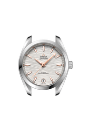 Cassa rotonda in acciaio inox da 34 mm con vetro zaffiro bombato antiriflesso su entrambi i lati e corona a vite dell’Omega Seamaster Aqua Terra