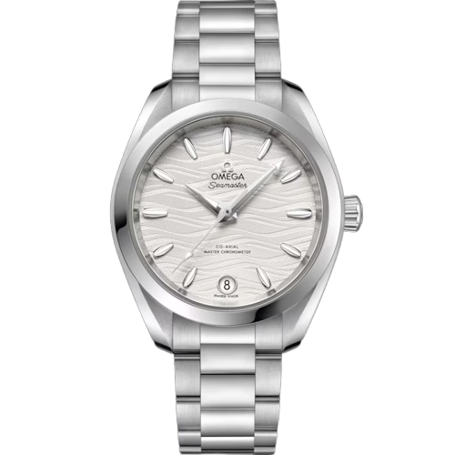 Omega Seamaster Aqua Terra 34 mm con quadrante argento opalino e motivo a onde marittime.