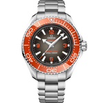 Load image into Gallery viewer, Quadrante grigio sfumato con numeri arabi arancioni e indici in oro bianco 18K luminescenti dell’Omega Seamaster Planet Ocean 6000M 45,5 mm modello 215.30.46.21.06.001.
