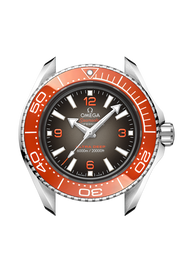 Lunetta girevole unidirezionale in ceramica blu lucida con scala graduata Liquidmetal™ arancione e profilo laterale della cassa O-MEGASTEEL da 45,5 mm.