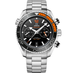 Load image into Gallery viewer, Quadrante nero con indici a bastone luminescenti e subdiali cronografici dell’Omega Seamaster Planet Ocean 600M 45,5 mm
