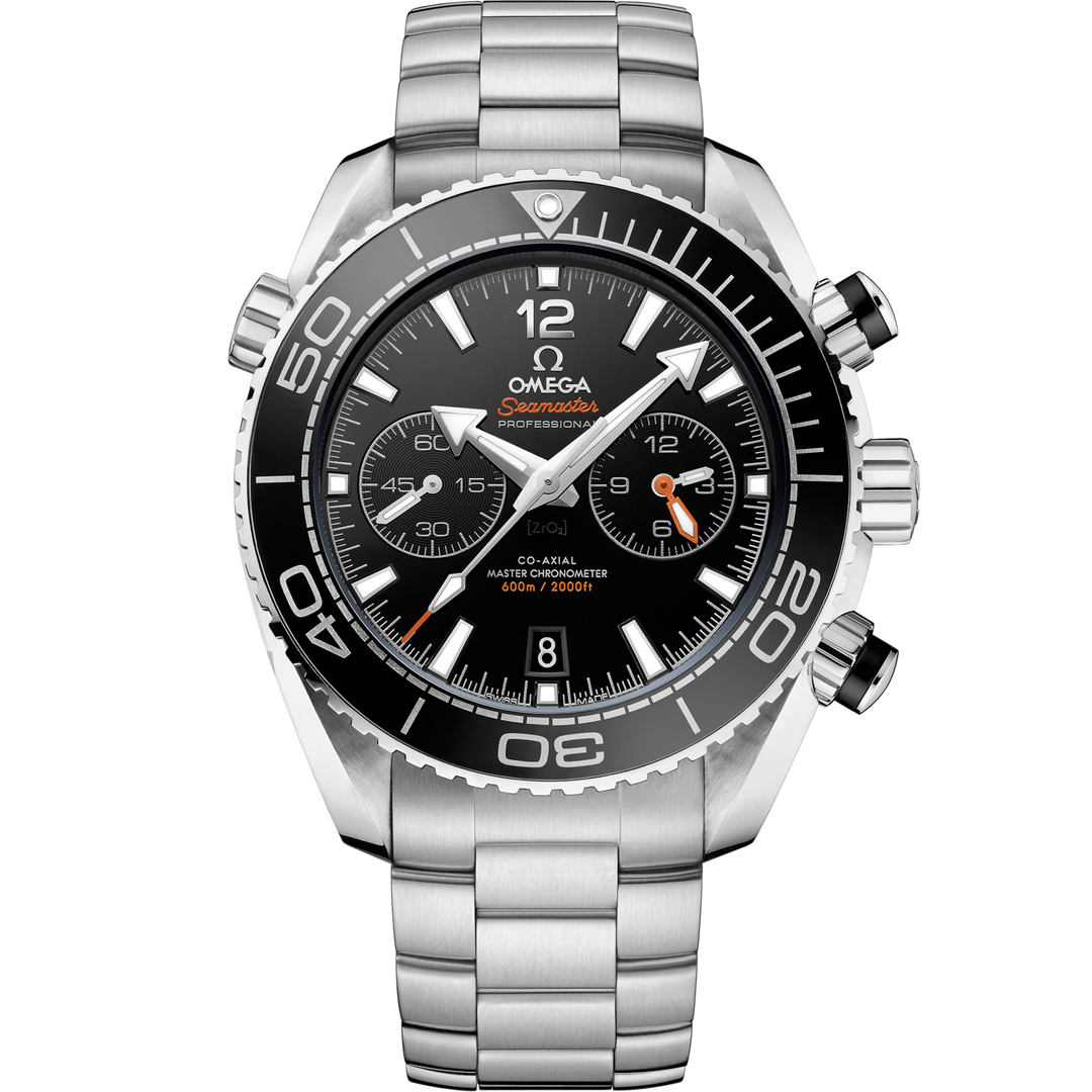 Quadrante ceramica blu con numeri arabi e datario a ore 3 dell’Omega Seamaster Planet Ocean 600M 45,5 mm