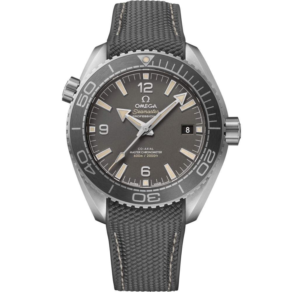 Quadrante sabbiato grigio color canna di fucile dell’Omega Seamaster Planet Ocean 600M 43,5 mm con indici in acciaio PVD spazzolato e Super-LumiNova beige, datario a ore 3