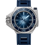 Load image into Gallery viewer, Quadrante blu &#39;Summer Blue&#39; dell’Omega Seamaster Ploprof 1200M 55x45 mm con lancette e indici luminescenti bianchi, numeri arabi a ore 6, 9 e 12
