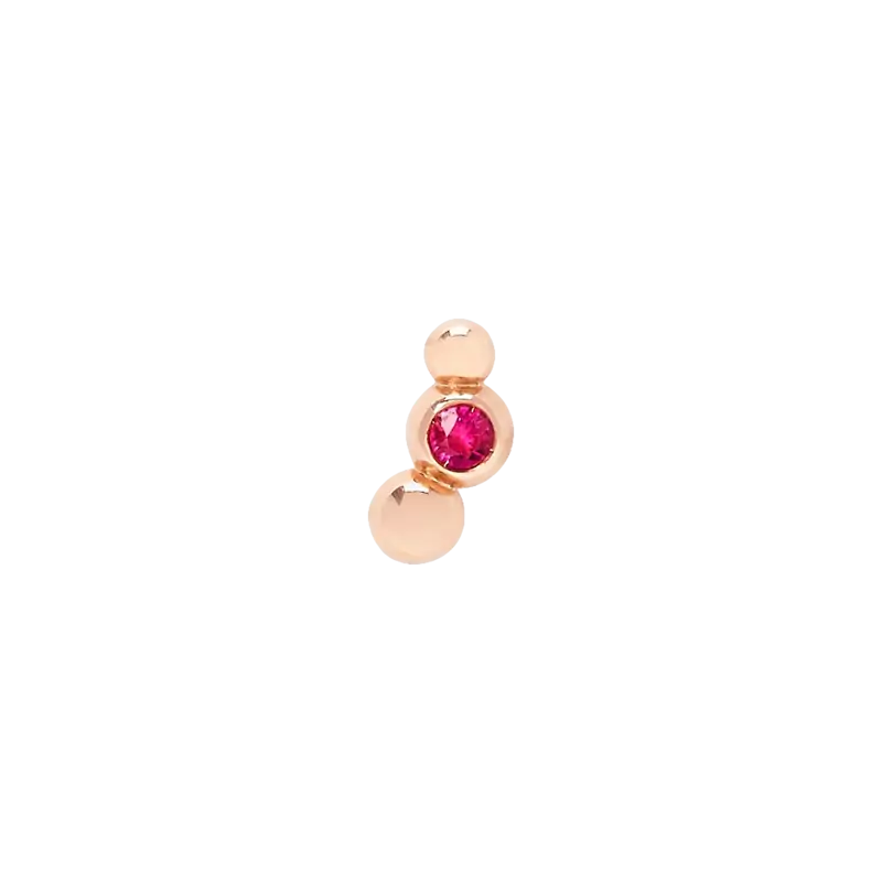 Orecchino Bollicine DoDo in oro rosa 9K con rubino taglio brillante, mono orecchino elegante.