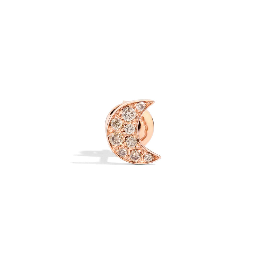 Orecchino Stud Luna DoDo in oro rosa 9K con 9 diamanti brown (0,16 ct), mono orecchino elegante a forma di luna.