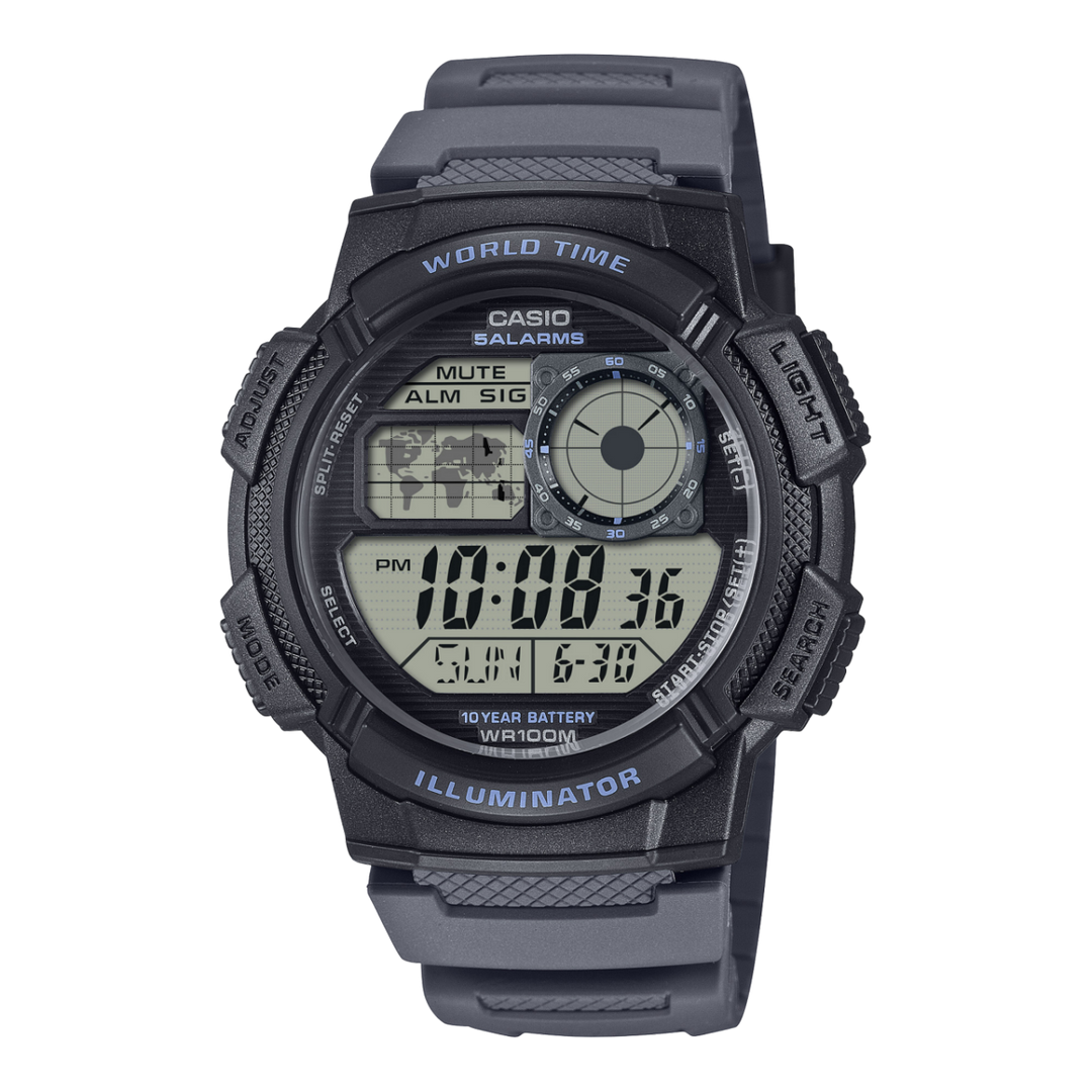 Orologio Casio AE-1000W-8AV digitale con quadrante grigio in stile strumento di pilotaggio e mappa del mondo