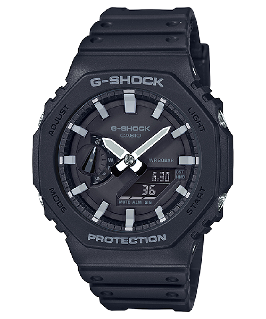 Orologio Casio G-Shock GA-2100-1A con cassa ottagonale in resina nera rinforzata con fibra di carbonio e quadrante analogico-digitale nero.