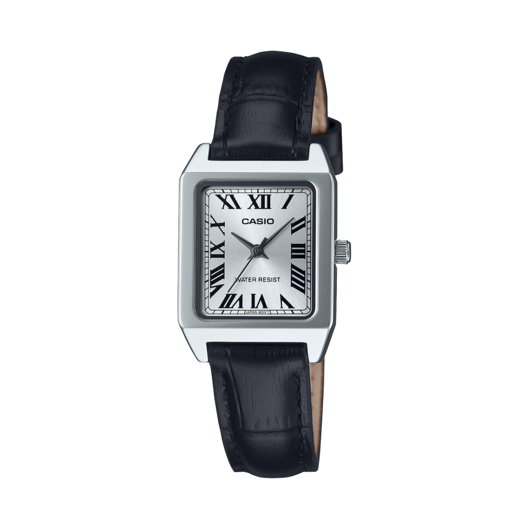 Orologio Casio LTP-B150L-7B1 con cassa rettangolare in acciaio inox argentato e quadrante elegante con numeri romani.
