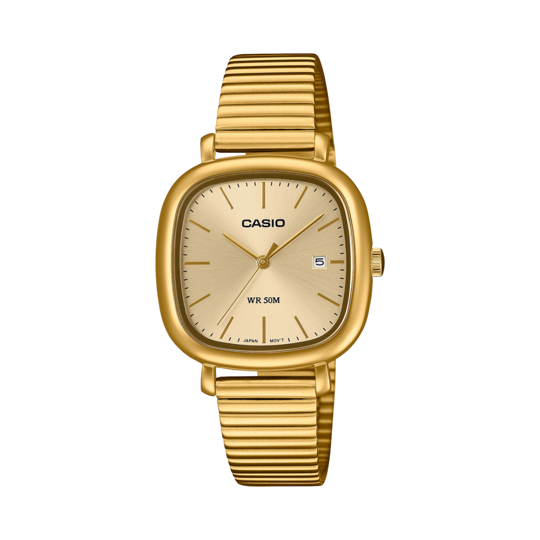 Orologio Casio LTP-B166G-9AV con cassa rettangolare dorata in acciaio inox e quadrante analogico a tre sfere con datario.