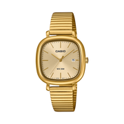 Orologio Casio LTP-B166G-9AV con cassa rettangolare dorata in acciaio inox e quadrante analogico a tre sfere con datario.