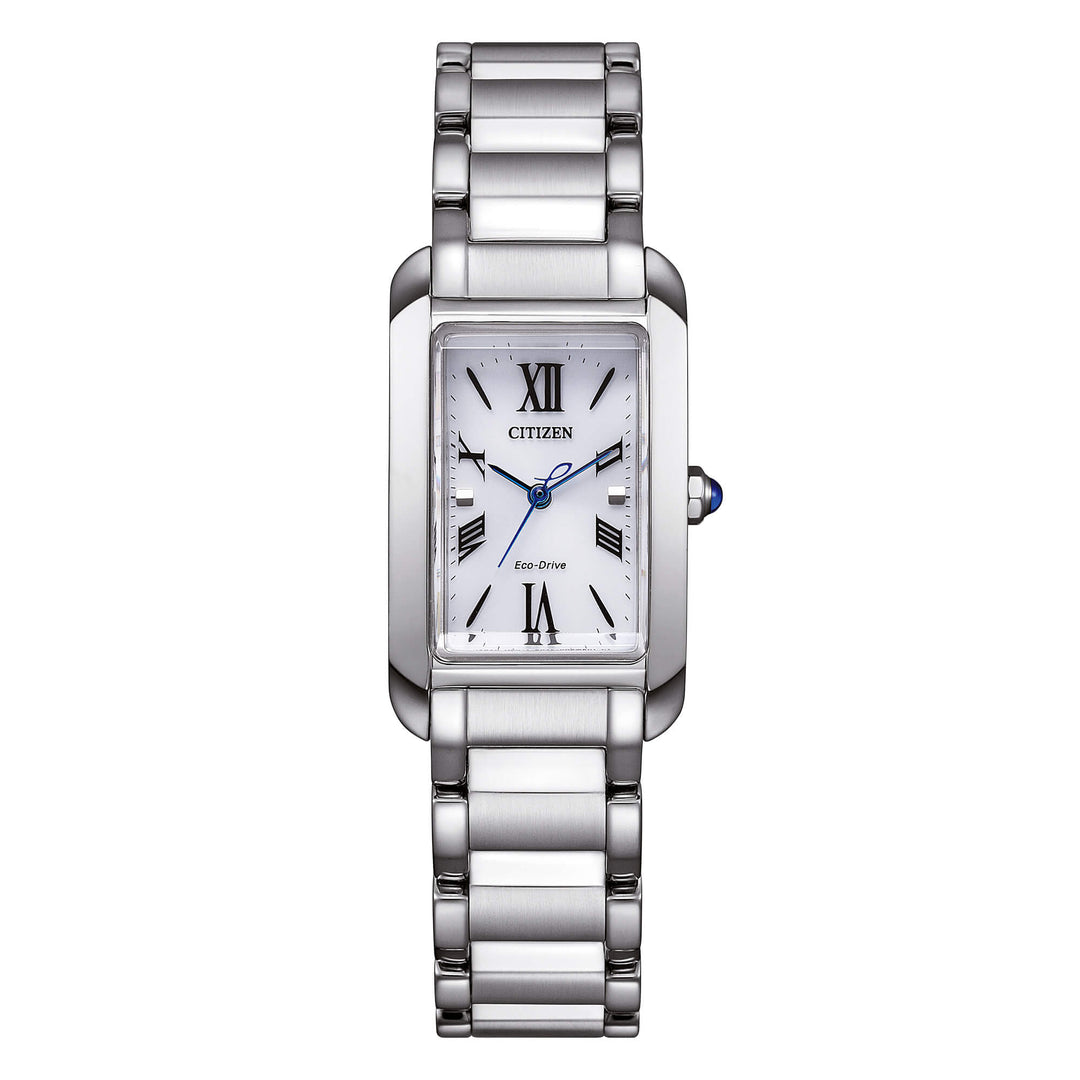 Orologio Citizen Lady EL Square EW5620-55A con cassa rettangolare in acciaio e quadrante argento con numeri romani.