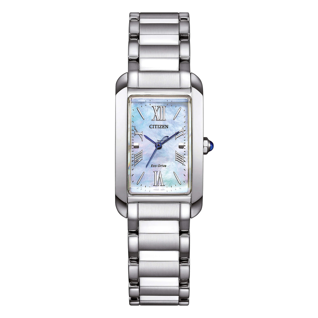 Orologio Citizen Lady EL Square EW5620-55N con cassa rettangolare in acciaio e quadrante madreperla blu.