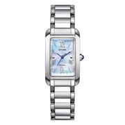 Orologio Citizen Lady EL Square EW5620-55N con cassa rettangolare in acciaio e quadrante madreperla blu.