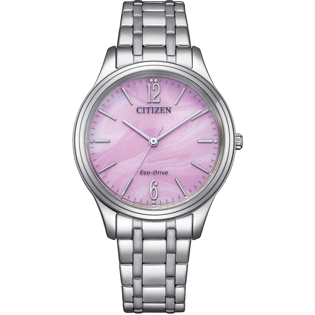 Orologio Citizen Lady EM0411-71X con cassa tonda in acciaio da 34 mm, quadrante rosa e vetro minerale