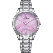 Orologio Citizen Lady EM0411-71X con cassa tonda in acciaio da 34 mm, quadrante rosa e vetro minerale