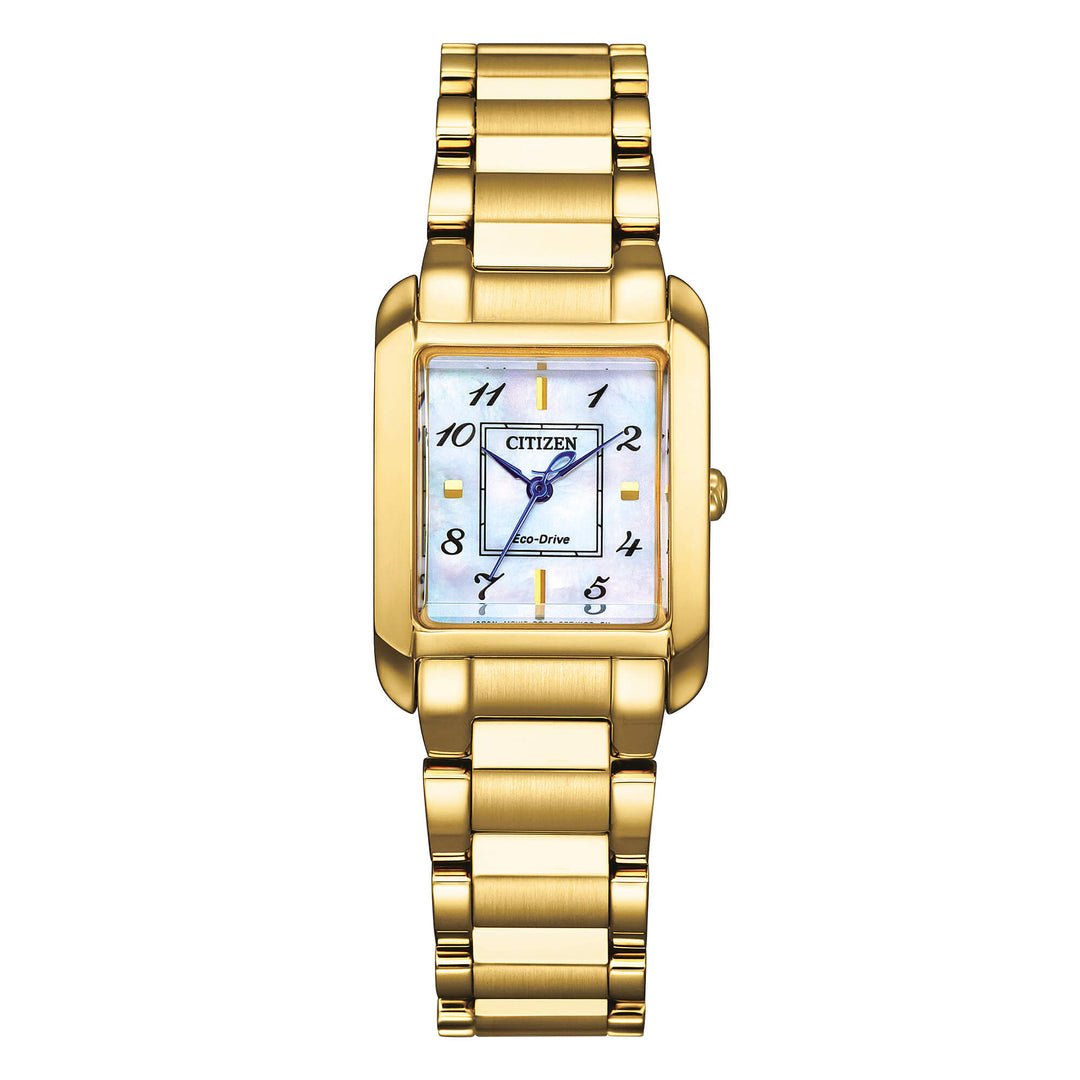 Orologio Citizen Lady Eco-Drive EW5602-81D con cassa rettangolare placcata oro e quadrante madreperla.