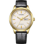 Load image into Gallery viewer, Orologio Citizen Meccanico Day Date NY4058-01E da uomo con cassa rotonda in acciaio inox da 40 mm e quadrante nero con datario giorno e data.
