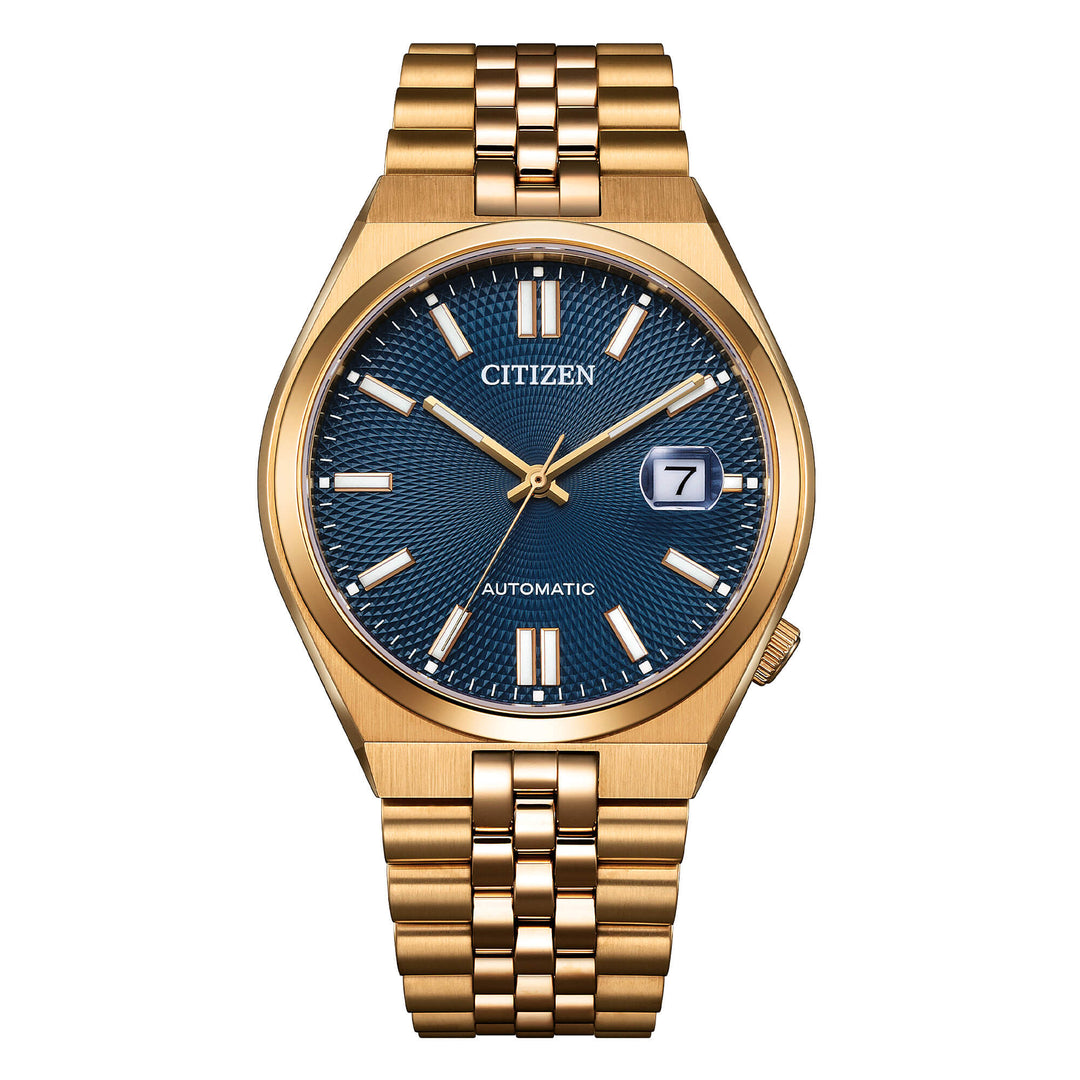 Orologio Citizen Tsuyosa 60 NK0023-57L uomo automatico con cassa acciaio oro rosa 40 mm e quadrante blu.