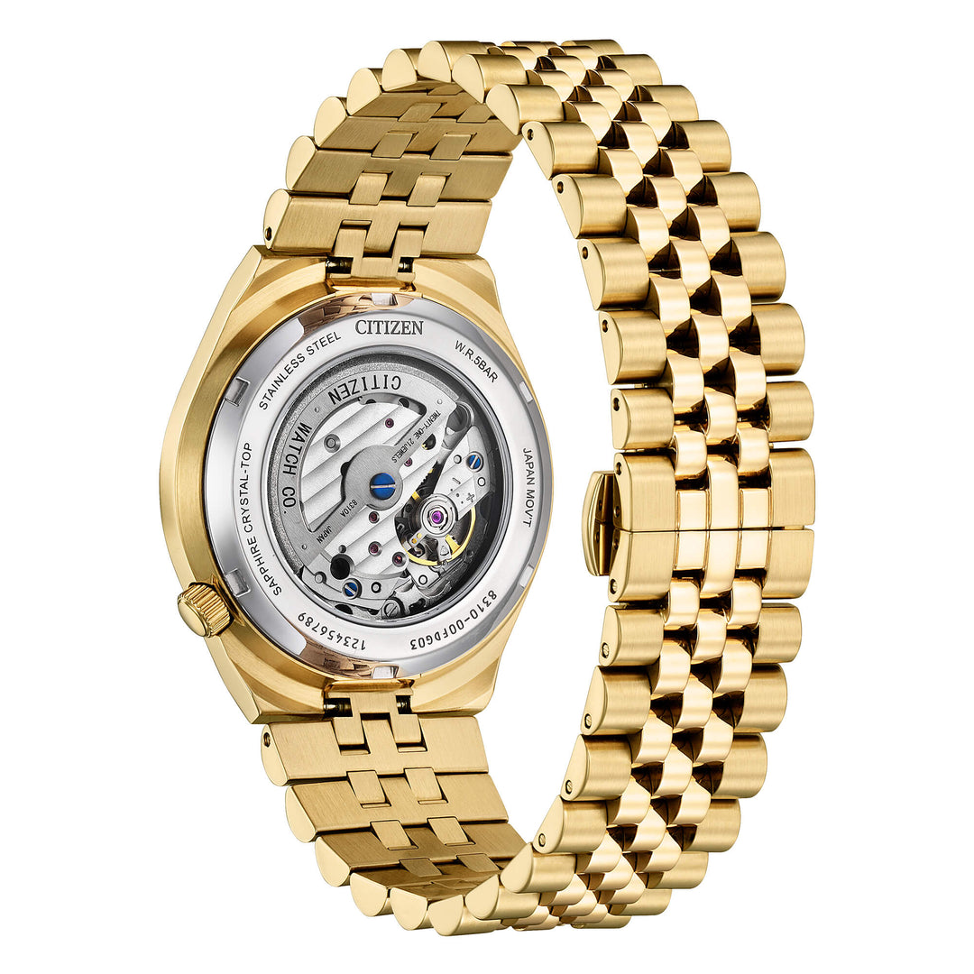 Citizen NK0023-57L orologio meccanico uomo con fondello trasparente, vetro zaffiro e bracciale acciaio oro rosa.