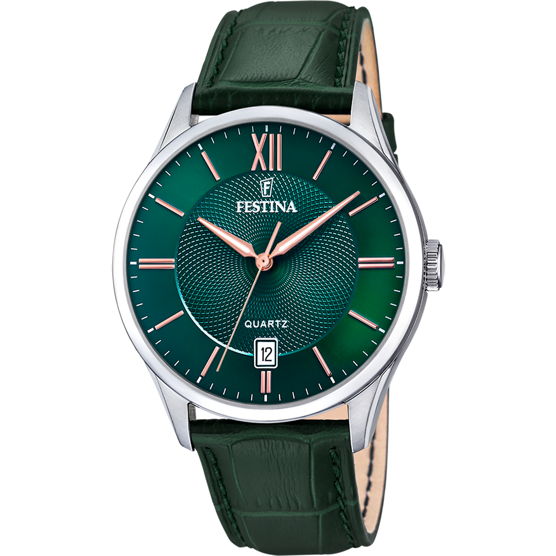 Orologio Festina F20426/7 con quadrante verde analogico e indici a bastoni color oro rosa