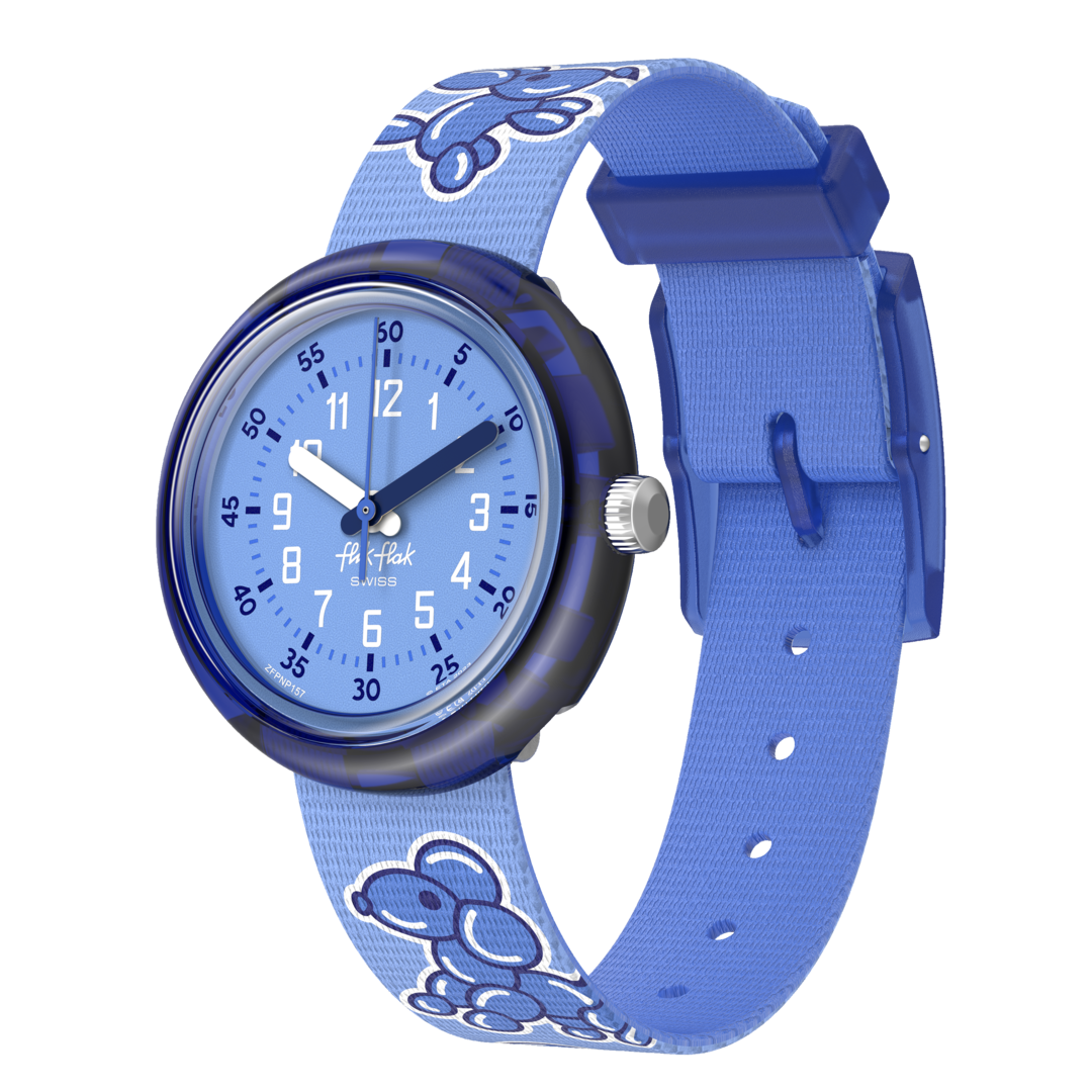Orologio Flik Flak Airnimals FPNP157 con motivo di palloncini a forma di animali su cinturino blu PET riciclato.