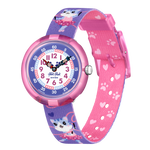 Load image into Gallery viewer, Orologio Flik Flak Ballerichat FBNP208 con cassa rosa e cinturino viola con motivi ballerina e gatto.
