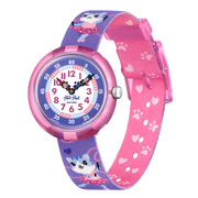 Orologio Flik Flak Ballerichat FBNP208 con cassa rosa e cinturino viola con motivi ballerina e gatto.