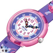 Dettaglio del cinturino in tessuto viola con disegni a tema ballerina