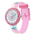 Load image into Gallery viewer, Orologio Flik Flak Berry Nice FPNP175 con cassa rosa in plastica biobased e quadrante bianco con decorazioni di fragole e fiori.
