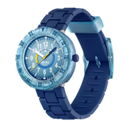 Orologio Flik Flak Bluebrick FCSP133 con cassa in plastica e cinturino in tessuto blu.