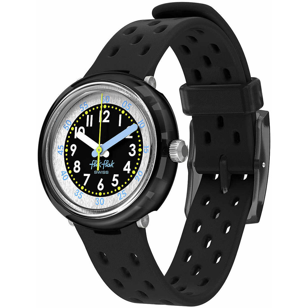 Orologio Flik Flak Bubbly Hours Nero FCNP001 con cassa nera trasparente e cinturino in silicone nero traforato.