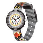 Load image into Gallery viewer, Orologio Flik Flak Build It Up FBNP217 con quadrante bianco e grigio e disegni di camion.
