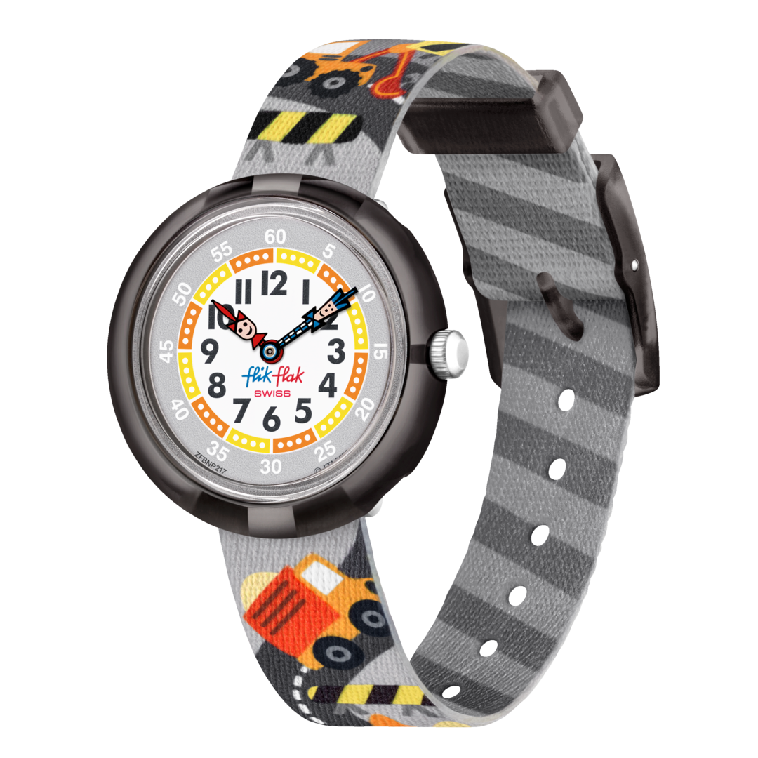 Orologio Flik Flak Build It Up FBNP217 con quadrante bianco e grigio e disegni di camion.
