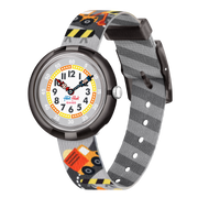 Orologio Flik Flak Build It Up FBNP217 con quadrante bianco e grigio e disegni di camion.