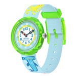 Load image into Gallery viewer, Orologio Flik Flak Color in Neon FBNP232 con quadrante azzurro/blu e cinturino tessile multicolore.
