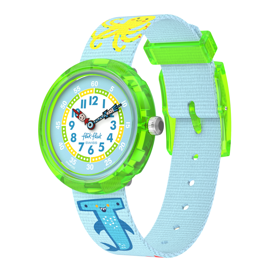 Orologio Flik Flak Color in Neon FBNP232 con quadrante azzurro/blu e cinturino tessile multicolore.