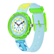 Orologio Flik Flak Color in Neon FBNP232 con quadrante azzurro/blu e cinturino tessile multicolore.