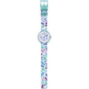 Dettaglio del cinturino tessile multicolore in PET riciclato Flik Flak Confetti Chaos.