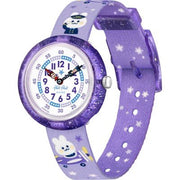 Orologio Flik Flak Cosmicat FBNP233 con quadrante viola decorato con gatti e unicorni.