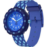 Orologio Flik Flak Criss-Cross FPSP076 con cassa azzurra/blu in plastica biobased e quadrante azzurro/blu con motivo a croce.