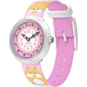 Orologio Flik Flak Cuddly Hamster FBNP235 con quadrante rosa e cristalli, cassa trasparente e cinturino multicolore.
